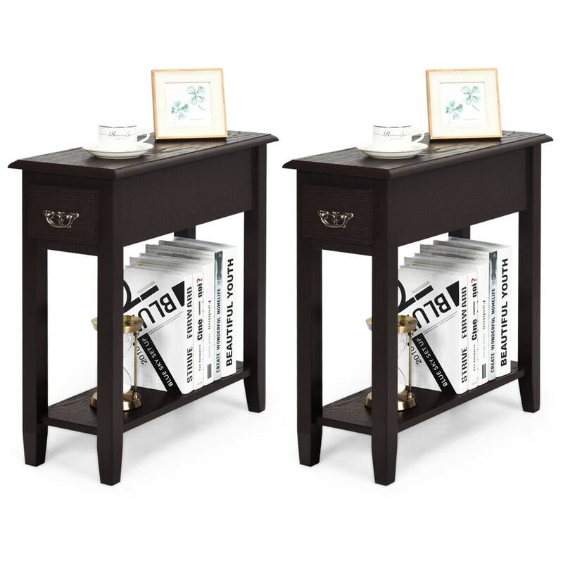Gymax Set of 2 Nightstand 2 Tier End Bedside Sofa Side Table w/Drawer - See Details - See Details - Coffee - MDF