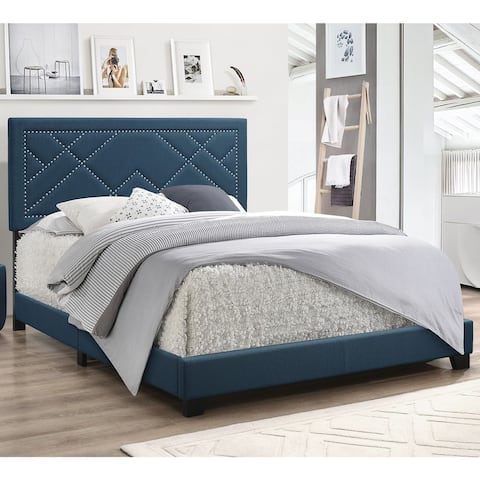 Ishiko Eastern King Bed in Dark Teal Fabric with 4 Slats, Fully Padded Rectangular Headboard with Low Profile Footboard