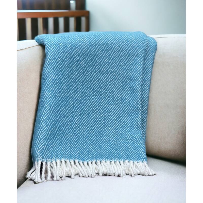 HomeRoots 70" X 55" Teal Blue And White Cotton Blend Woven Herringbone Plush Throw Blanket with Tassels