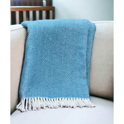 HomeRoots 70" X 55" Teal Blue And White Cotton Blend Woven Herringbone Plush Throw Blanket with Tassels