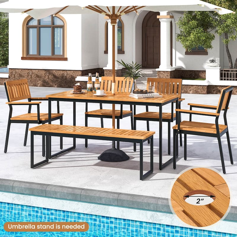 Costway 6 PCS Outdoor Acacia Wood Dining Set with Bench 2" Umbrella - 6 PCS
