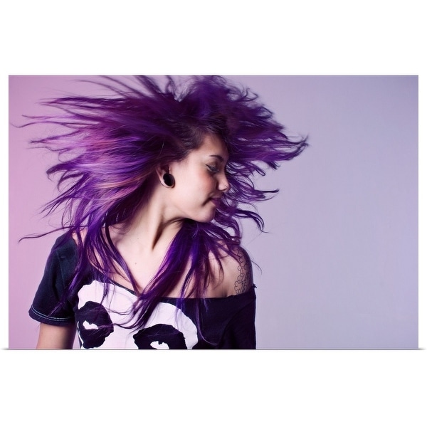 "Young woman tossing purple hair" Poster Print