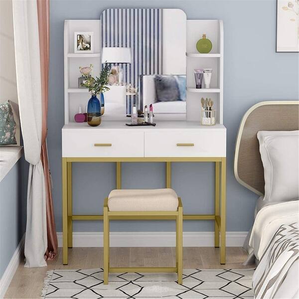 Shop Vanity Set With Mirror Stool Included Shelves And 2 Drawers Gold White Overstock 31312117