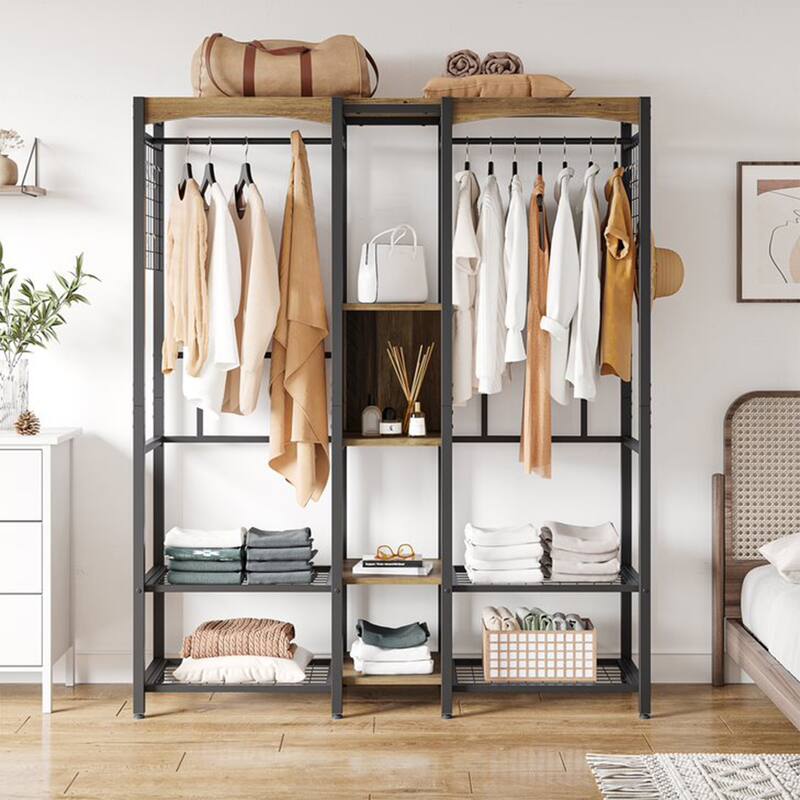 Bestier Metal Freestand Wardrobe w/Wood Shelves & Color Changing Lights, Oak - 77.73