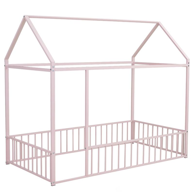 Twin Size Metal Bed House Bed Frame with Fence, for Kids, Teens, Girls, Boys