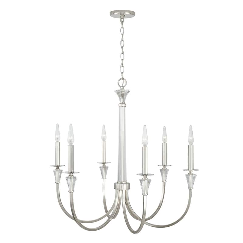 Laurent 30" 6-light Polished Nickel Chandelier w/ Crystal Column & Bobeches