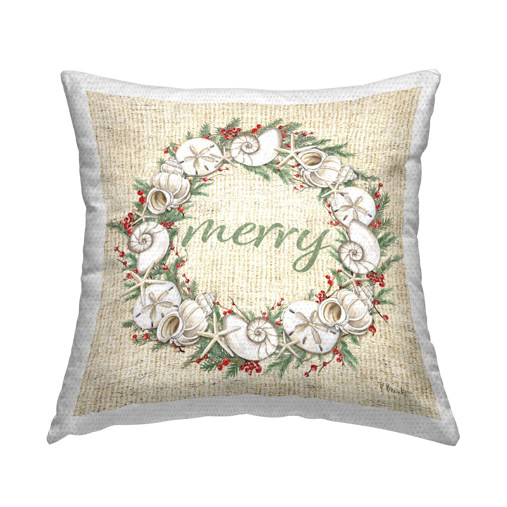 Stupell Shells & Holly Merry Printed Outdoor Throw Pillow Design by Paul Brent