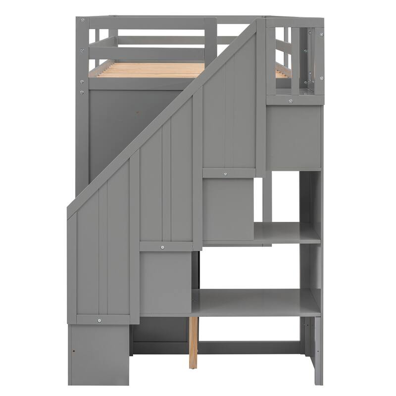 Space-Saving Loft Bed with Shelves, Wardrobes, Drawers, and Storage Ladder, Gray