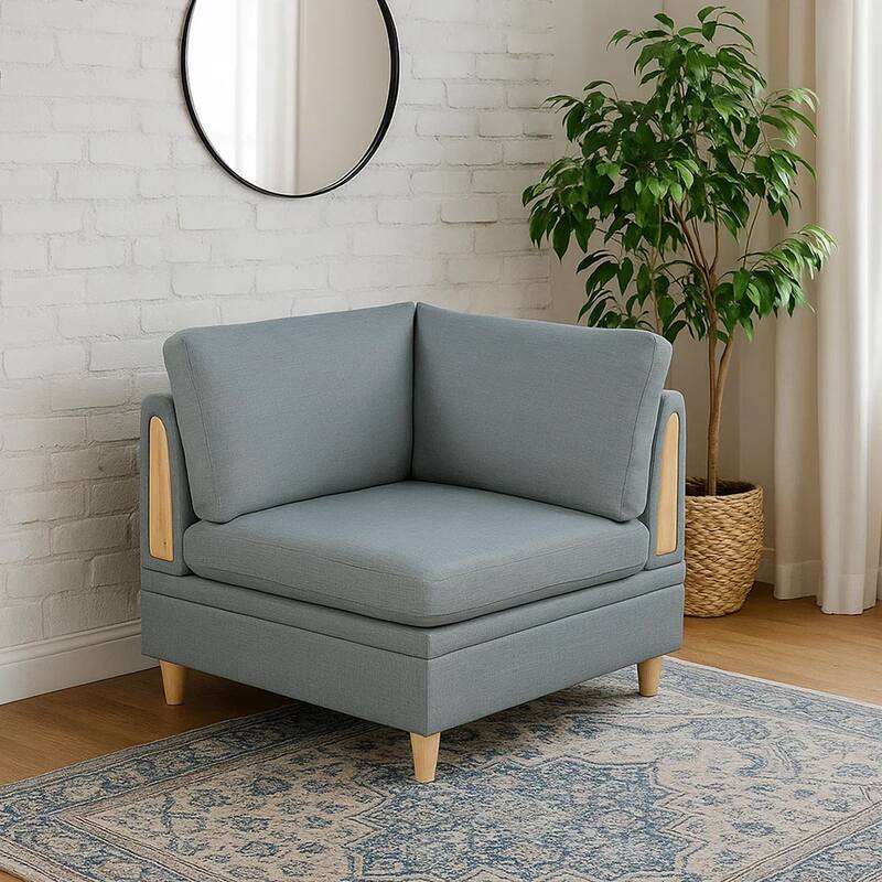 Gimy 37 Inch Modular Corner Sofa Chair, Gray Dorris Upholstery, Wood