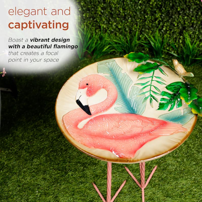 Alpine Corporation ORS876 Outdoor Metal Birdbath w/ Stylish Stand, Flamingo Pattern Birdbath Bowl and Stand, 23"H, Pink/Blue