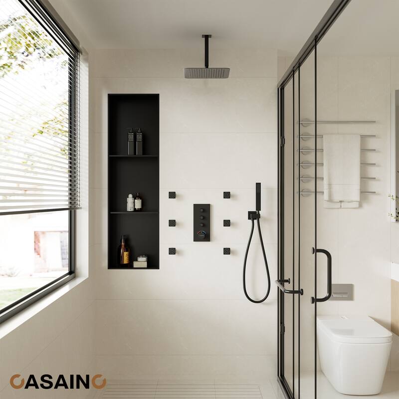 Luxury Thermostatic Shower System 1-Spray Patterns Ceiling Mount Fixed Shower Head and Handheld Spray with 6 Body Jets
