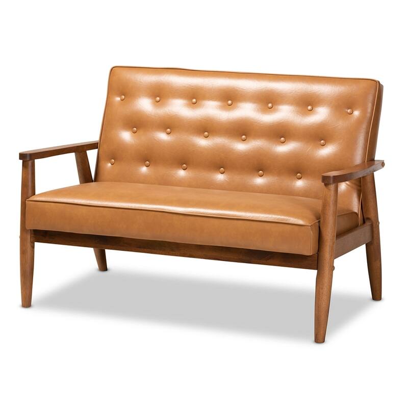 Sorrento Mid-Century Modern Tan Faux Leather Upholstered and Walnut Brown Finished Wood Loveseat