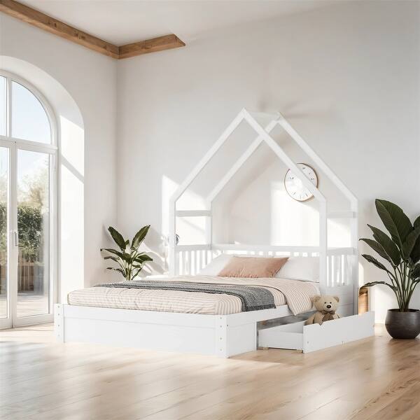 slide 2 of 26, Wood Queen Size House Platform Bed with Guardrail and 2 Drawers
