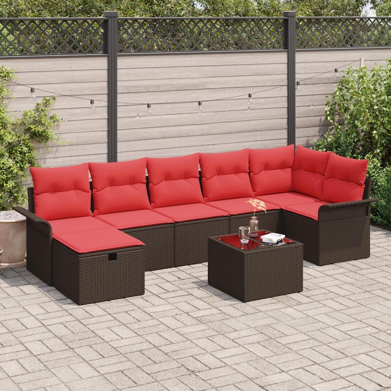 vidaXL 7/8 Piece Garden Sofa Set with Cushions - 117.1×52.2×27.2 - Brown and Red-with table