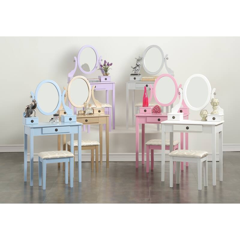 Roundhill Furniture Set Toeletta Moniya Con Specchio E Sgabello | 3 Cassetti E Finitura Oro