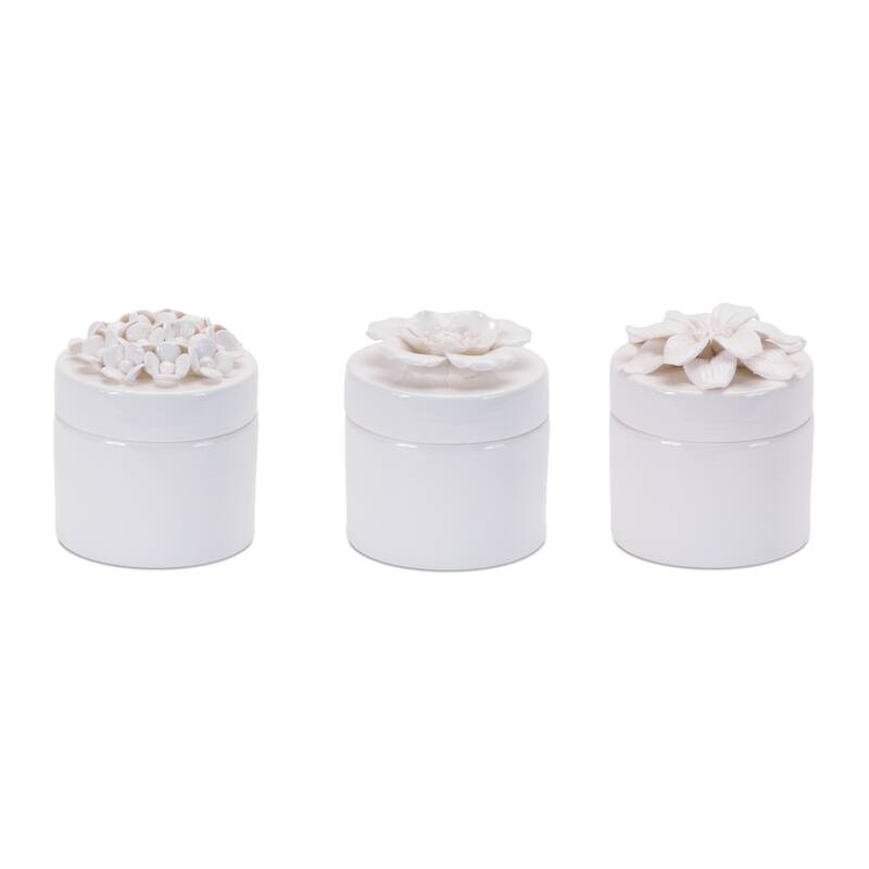 Stoneware Box with Floral Lid Accent (Set of 3) - N/A