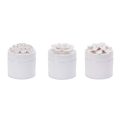 Stoneware Box with Floral Lid Accent (Set of 3) - N/A