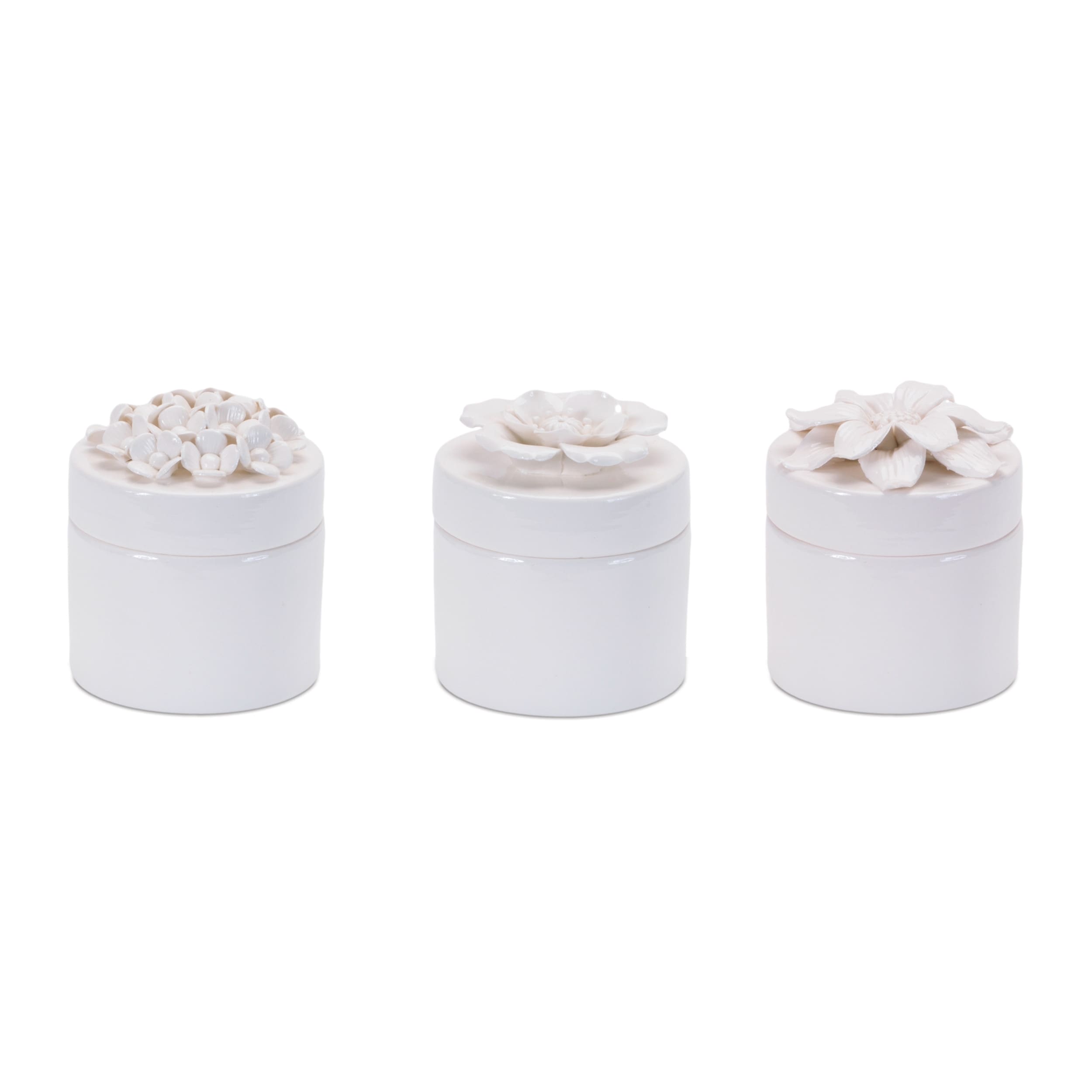 Stoneware Box with Floral Lid Accent (Set of 3) - N/A