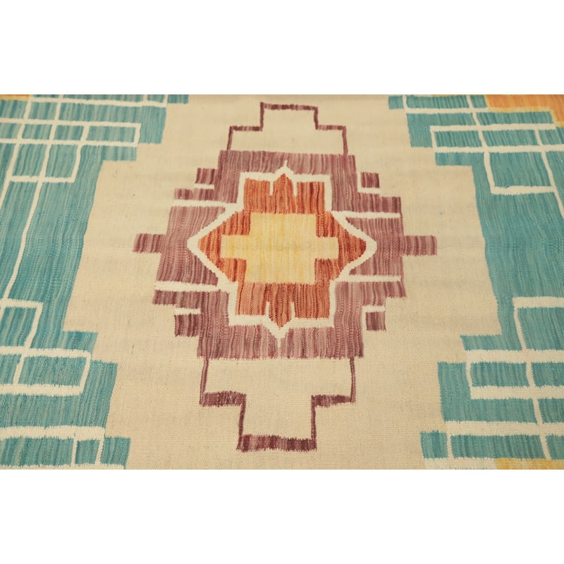 Hand Woven Oriental 100% Wool Carpet Southwestern Medallion Navy Blue & Blues Kilim Area Rug - 6' 9'' X 5' 0''