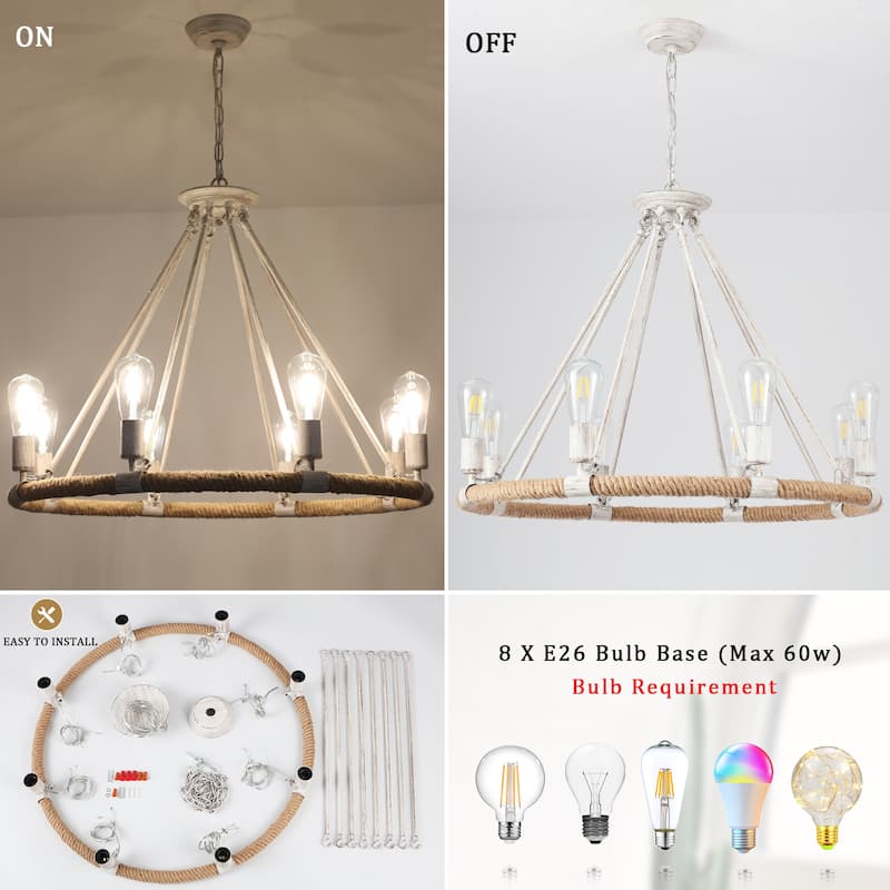 8-Light Classic Semi Flush Mount Chandelier, Farmhouse Modern Wagon Wheel Chandelier for Dining Room - W30.71"x H25.59"