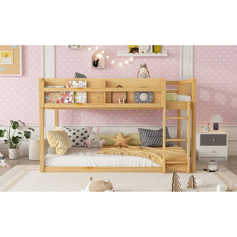 Roomfitters Twin Over Twin Bunk Bed, Low Floor Loft Platform Bed and Shelf with Wooden Frame for Bedroom