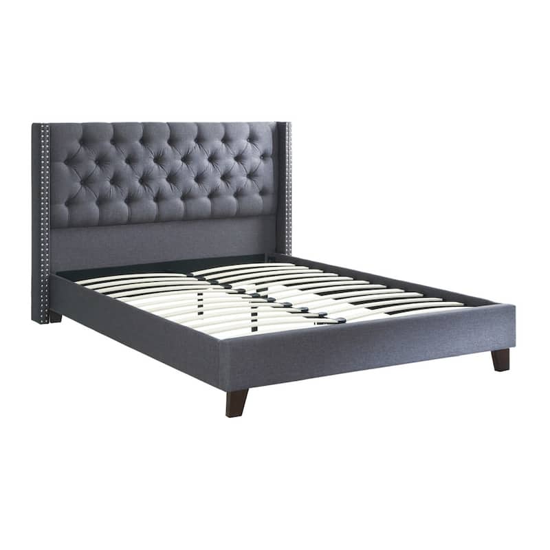 Polyfiber Upholstered Queen Size Bed Featuring Nail head Trim Blue Gray
