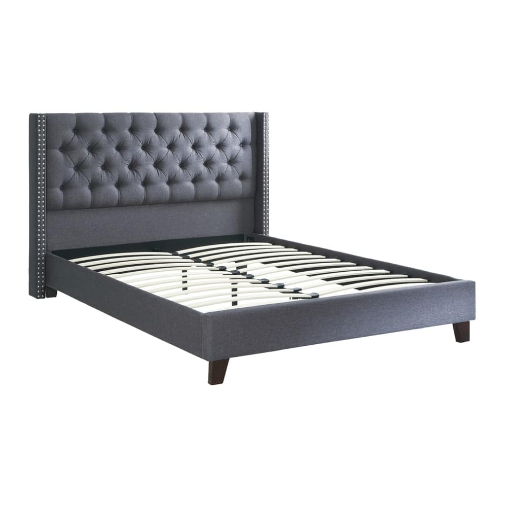 Polyfiber Upholstered Queen Size Bed Featuring Nail head Trim Blue Gray