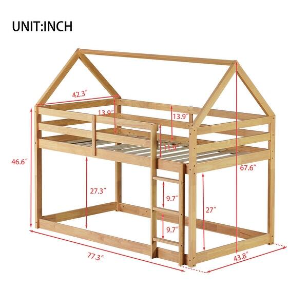 dimension image slide 1 of 5, Twin over Twin Rubber Wood Floor Bunk Bed, with ladder,Guardrails,House-Shaped-Bunk Bed