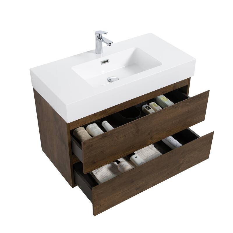 Alice Floating Bathroom Vanity with Rosewood Finish, Glossy White Basin, Soft-Close Drawers, Eco-Friendly Construction