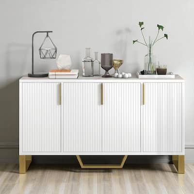 60" Modern Sideboard Buffet Cabinet with 4 Doors, Adjustable Shelves, Marble-Look Top and Gold Metal Legs