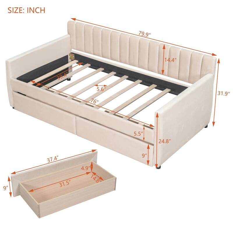 Upholstered daybed with Drawers, Wood Slat Support