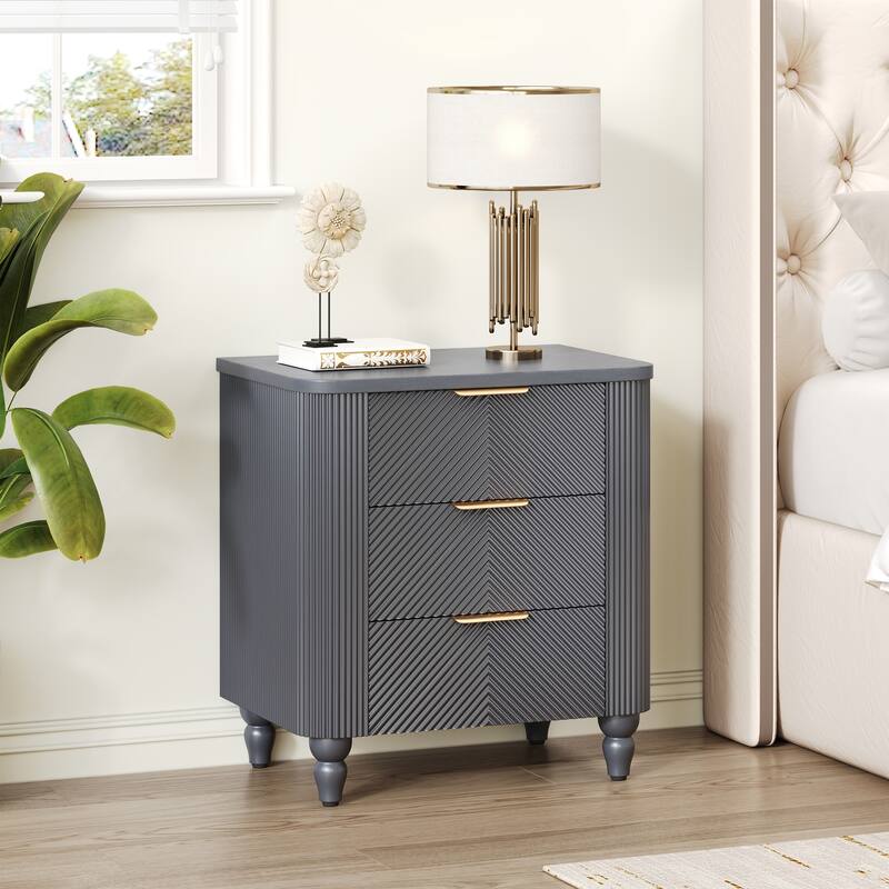 Mid-Century Fluted 3-Drawer Nightstand - Curved Profile + Gold Glossy Handles, Easy Assembly (Dark Gray)