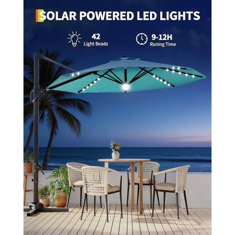 10FT Outdoor Cantilever Umbrella, 360-Degree Rotation, with LED