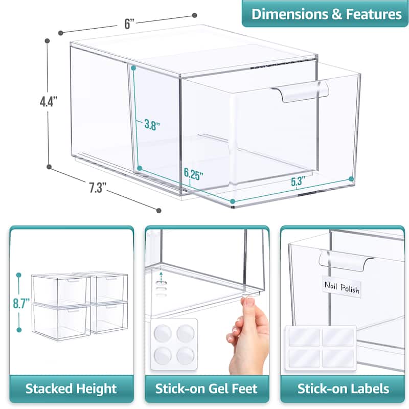 Makeup Organizer Drawers (4 Drawer Set) - Clear - 7.4in x 6in x 4.4in