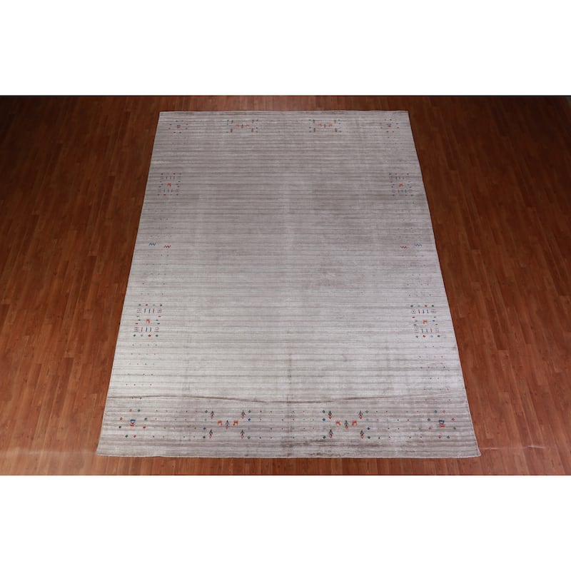 Striped Gabbeh Indian Area Rug Hand-Knotted Grey Modern Wool Carpet - 9'2" x 12'3"