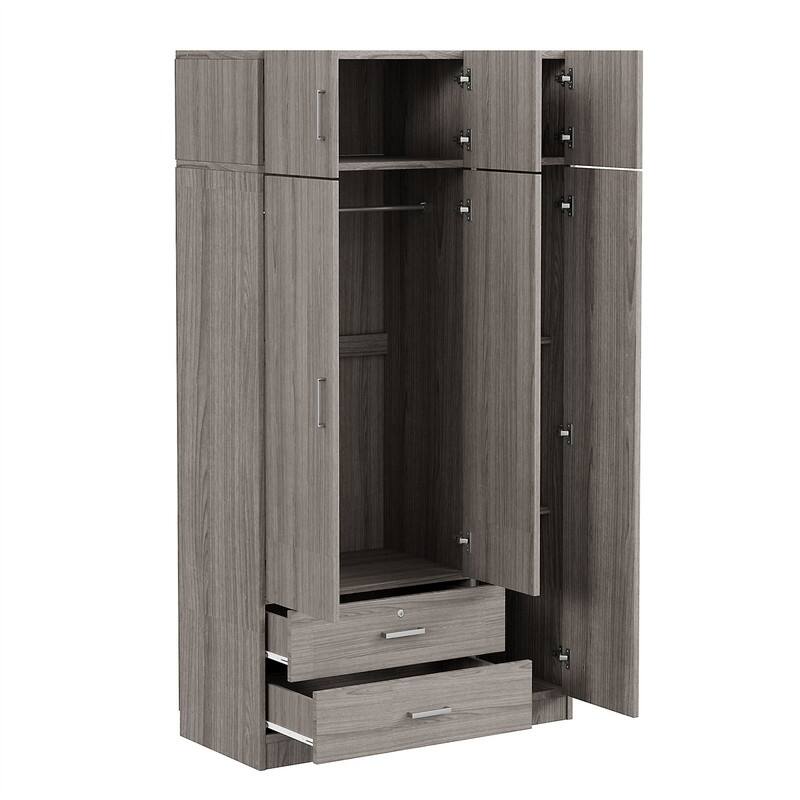 3 Door Wardrobe Closet with Mirror & Top Cabinet, Bedroom Armoire w/ 2 Drawers & Shelves, Modern Storage Cabinet w/ Hanging Rod