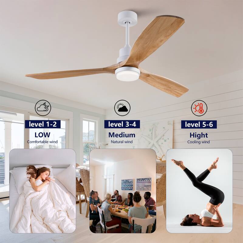 60 Inch Modern Ceiling Fan With 3 Color Dimmable 3 Solide Wood Blades Remote Control Reversible DC Motor With Led Light