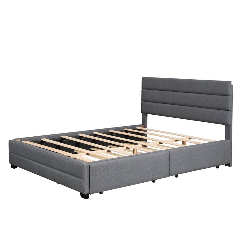 Upholstered Queen Size Platform Bed with 2 Storage Drawers and Twin Trundle Bed, Wood Queen Bed Frame with Linen Fabric