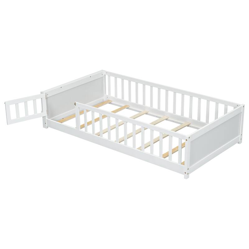 Twin size Floor Platform Bed with Built-in Book Storage Rack, Door