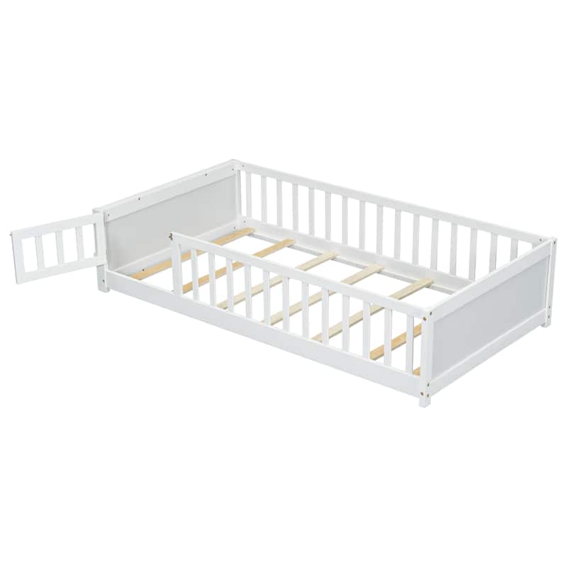 White Twin Size Pine Wood Floor Platform Bed with Built-in Book Storage Rack, Door