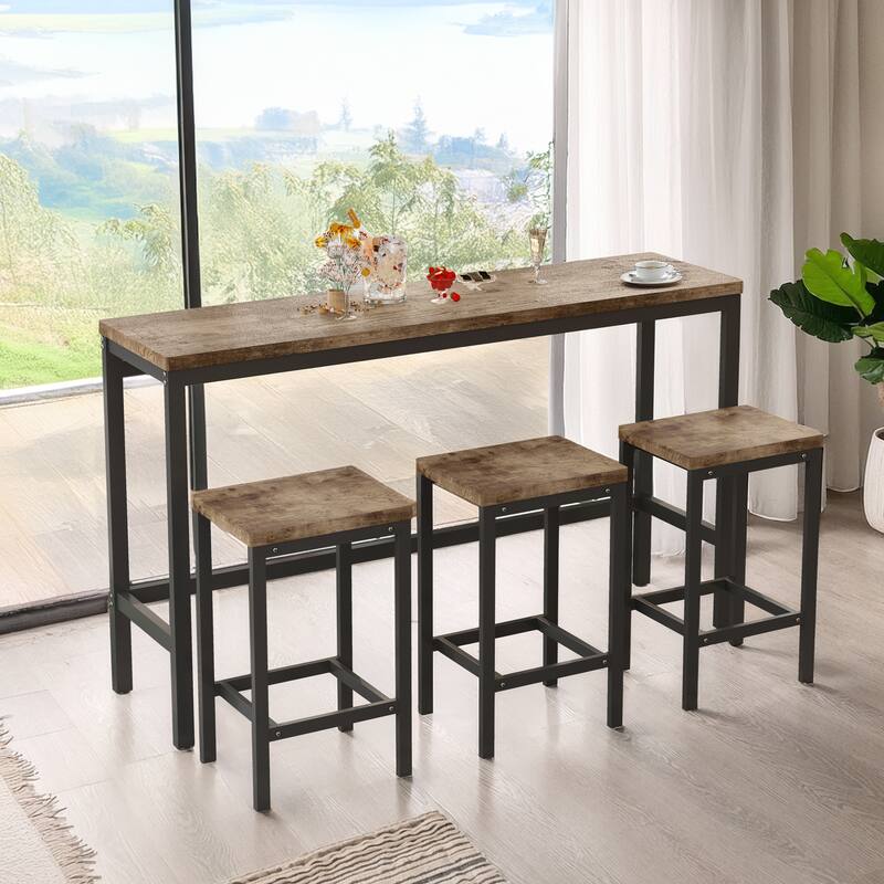 Counter Height Extra Long Dining Table Set with 3 Stools Pub Kitchen Set Side Table with Footrest - Natural 