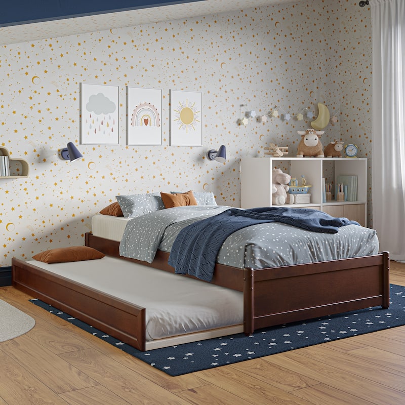 Barcelona Panel Platform Bed with Twin Trundle - Walnut - Twin