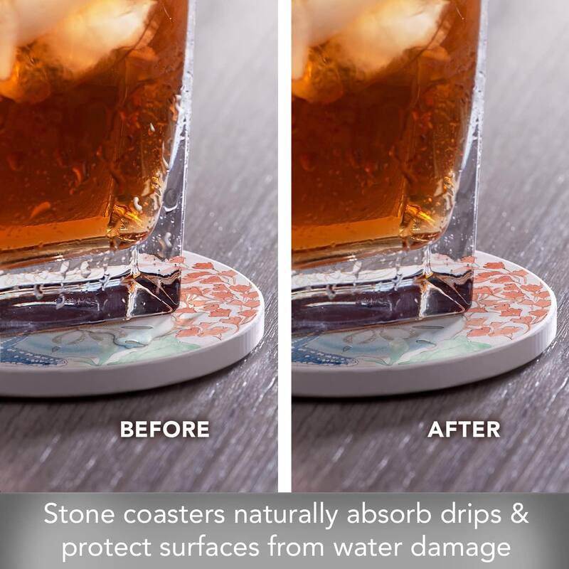 CounterArt Sea View Round Absorbent Stone Coaster 4 Pack with Protective Cork Backing. Manufactured in The USA