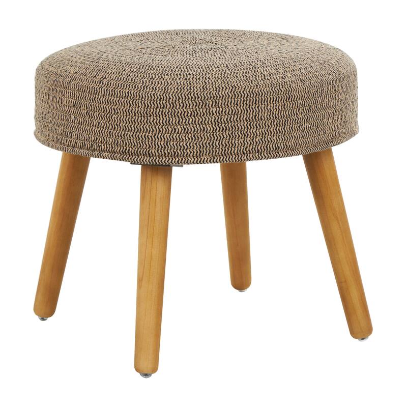 Brown Polyester Chevron Textured Stool with Brown Wooden Legs
