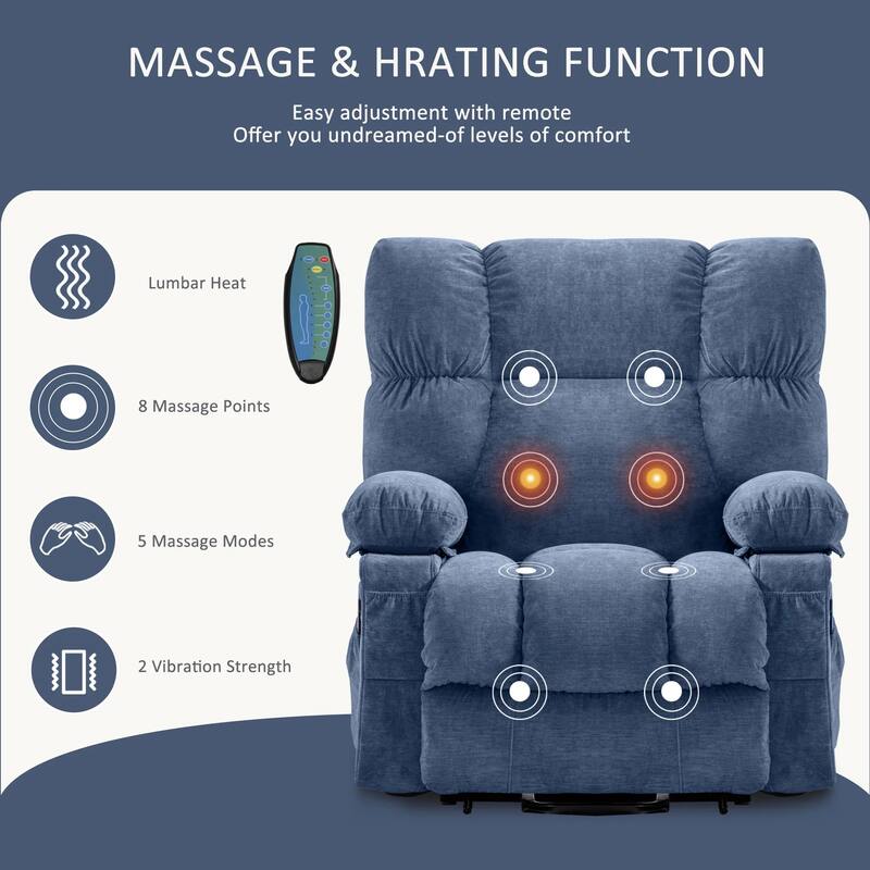Blue Power Lift Recliner with Heating, Massage, USB Charging, Side Storage, and Remote Control Functionality