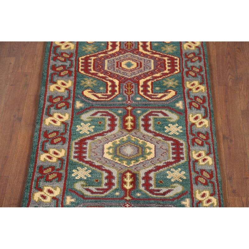 Green Geometric Kazak Runner Rug Hand-Knotted Wool Carpet - 2'5"x 9'8"