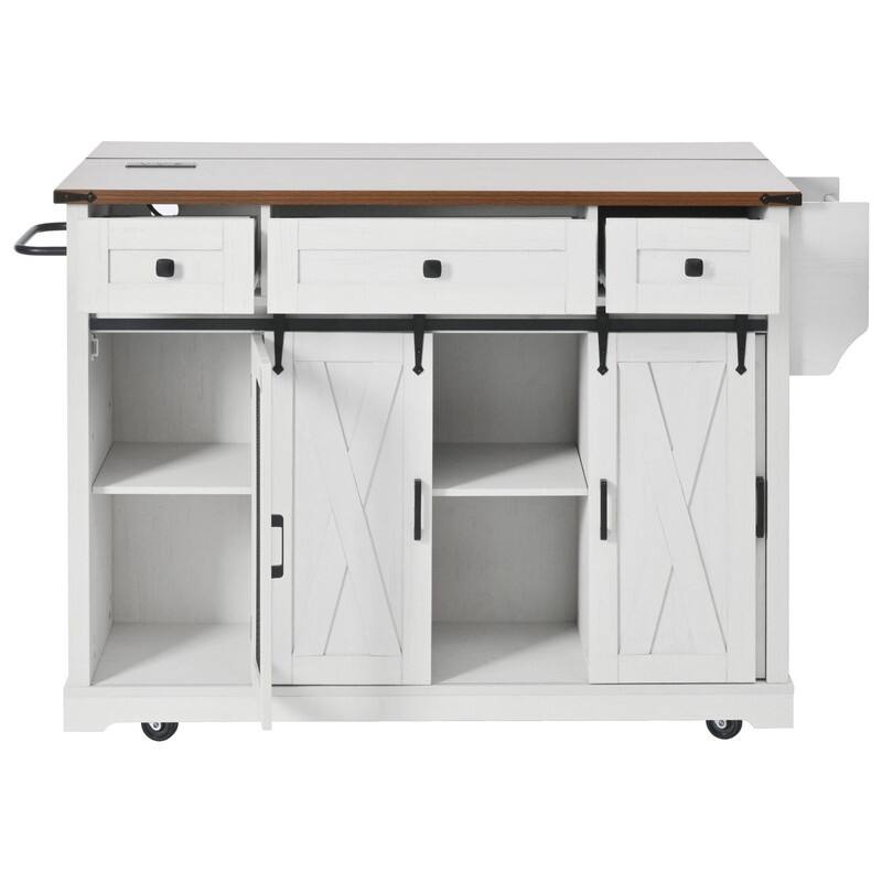 Farmhouse 58" Kitchen Island with Drop Leaf, Rolling Kitchen Island on 5 Wheels with Sliding Barn Door and Adjustable Shelves