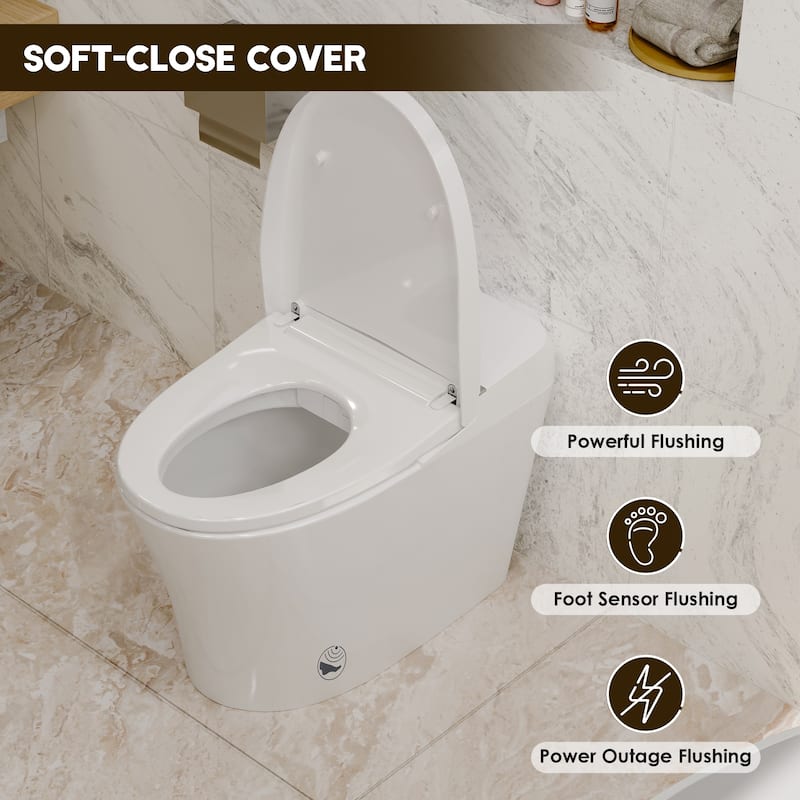 Smart Bidet Toilet Combo - Tankless Dual Flush, Foot Sensor, Self-Cleaning Nozzle, Night Light, Power Outage Flushing
