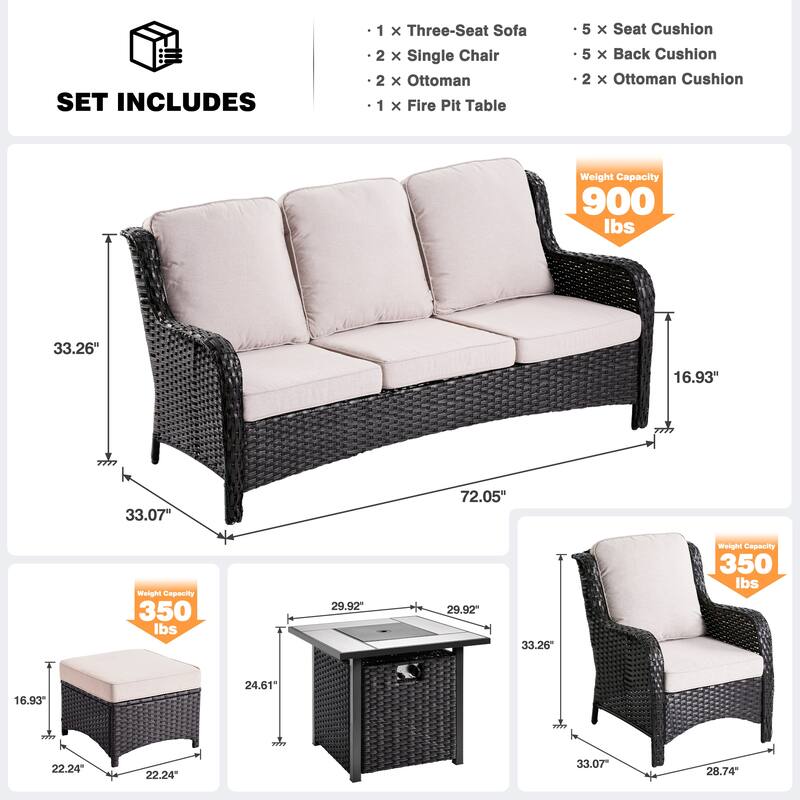 OVIOS 6-piece Patio Wicker Furniture Set With 30" Fire Table