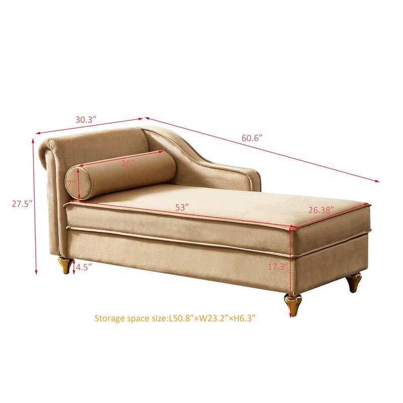 Khaki Velvet Chaise Lounge Chair with Storage